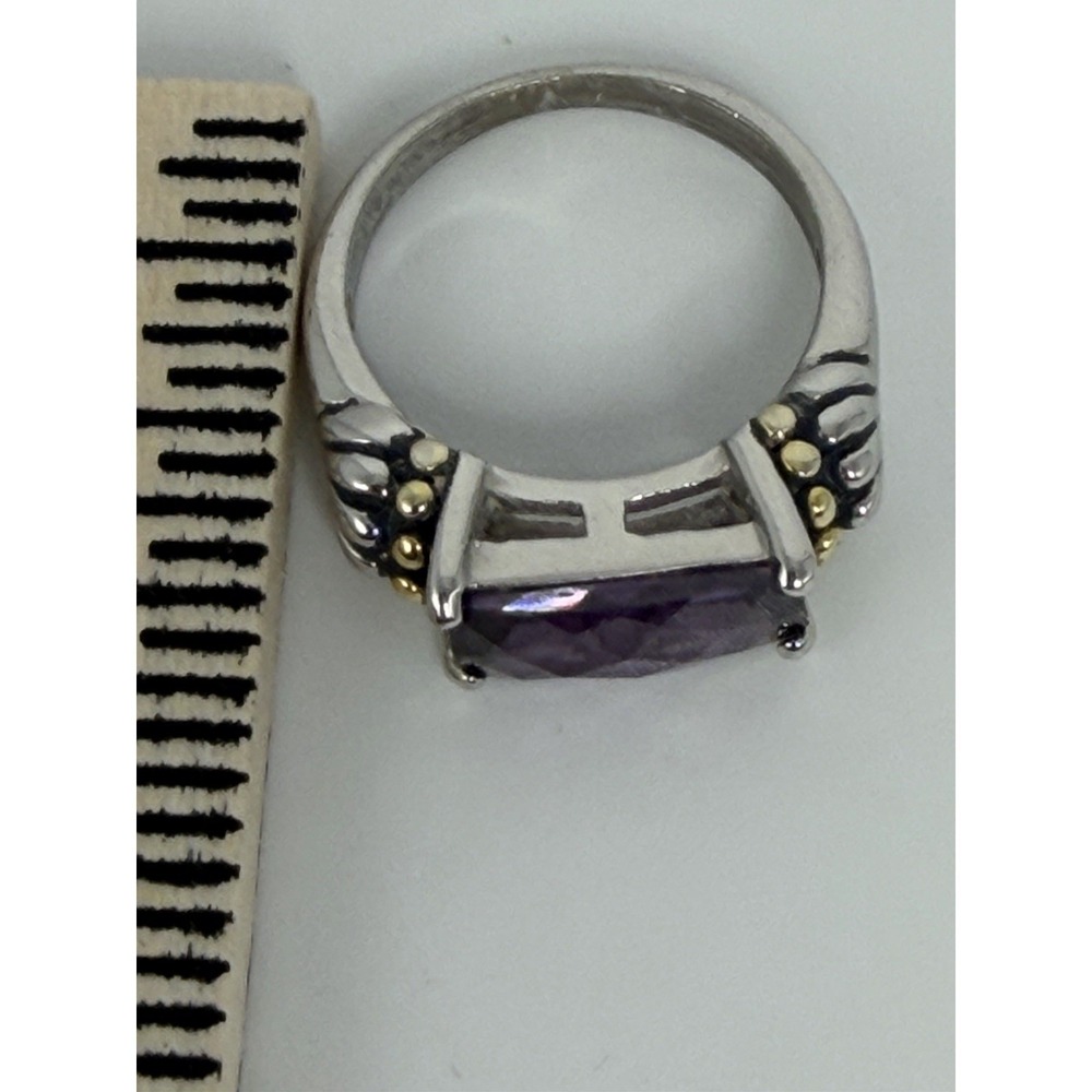 925 Sterling Silver Purple Glass Ring Two Tone Size 6.25 Statement - Picture 8 of 8